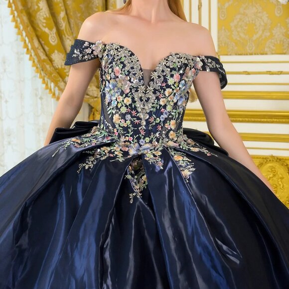 New Navy Off The Shoulder Quinceanera Floral Dress w/ Layered Skirt GL3792 - Picture 5 of 13